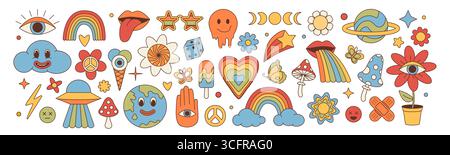 Groovige Aufkleber. Pop-Art-Kritzelklipart. Retro-Regenbogen und Blume. Psychedelische Pilze. Happy Sun Trippy Logo. Hippie-Symbole. Erdplanet und Wolke mit Auge. Schmelzendes Emoji. Vector 70s-Symbolsatz Stock Vektor