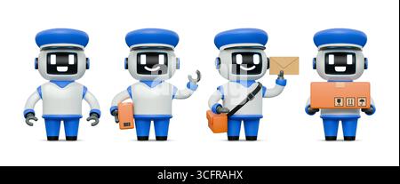 3D-Roboter. Niedliche KI-Charaktere. Ingenieur Maskottchen oder Gesichtsfreundlicher Kurierbot. Technik der künstlichen Intelligenz. Postroboter-Kawaii-Assistent. Postzustellung. Vector Tech Androiden Set Stock Vektor