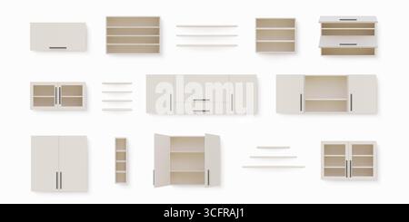 Schrankmöbel. Weiße Küchenschublade. Moderne Schranktüren. Isolierte Einlegeböden aus Glas oder Holz. Wandschrank. Appartementmöbel. Aufbewahrungsregal im Wohnraum. Vektorrealistische Objekte festgelegt Stock Vektor