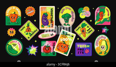Retro-Essen. Grooviges Cartoon-Logo. Produktaufkleber. Promo-Etikett. Vegane Ernte. Avocado Happy Face. Gesunder Öko-Pfeffer. Lustiges, flippiges Emblem. Natürliche Auberginen-Emblem. Sommerfrische Tags. Vektorsymbole festgelegt Stock Vektor