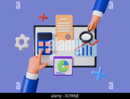 Symbole für die Datenanalyse. 3D-Geschäftsprüfung. Bericht über Finanzstrategie oder Forschungsdiagramm. Grafik für Finanzanalysen. Hand mit Taschenrechner und Lupe. Infografik zum Projektmanagement. Vektorkonzept Stock Vektor