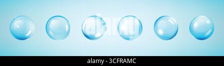 3D-Wasserball. Blauer Tropfen aus Glas. Transparentes Tropfen aus Seifenkugel oder weißes rundes Kollagenfeuchtigkeitsserum. Klare Orbentspiegelung. Geometrische Hochglanzform. Öltropfen. Vektor abstrakte flüssige Gelformen Set Stock Vektor