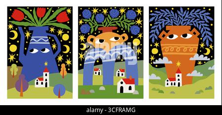 Ästhetische Blumen. Abstrakte zeitgenössische skandinavische Frühlingslandschaft. Moderne Ausschnitte in Form von Naturformen oder Ornamenten. Kritzeleien Sie Häuser. Teekanne und Vase mit Blütenstrauß. Vektor psychedelische Design Karten Set Stock Vektor