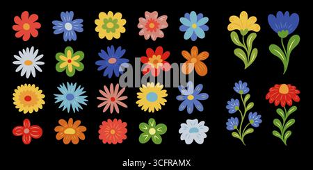 Einfache Blumen. Florale Gartenelemente, Draufsicht Blüten, Blätter bunte Gänseblümchenpflanzen oder niedliche abstrakte Wildblumenblätter. Laubkritzelstil, Kamillenzweigkunst. Vektor-Zeichentrickfilm isolierte Symbole Set Stock Vektor