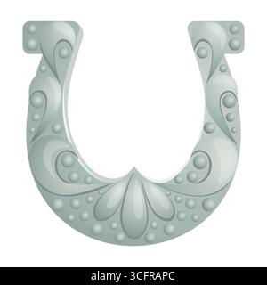 Silbernes Hufeisen mit orientalischem traditionellem Ornament. Glückssymbol, westliches Cowboy-Zeichen. Talisman-Design. Emblem oder Etikett. Glückskunst. Dekorative Icon Vektor Cartoon flache Art isolierte Illustration Stock Vektor