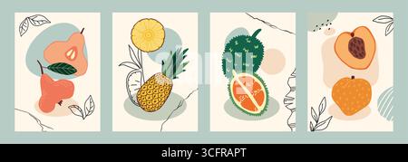 Tropische Früchte. Frische Birne, Pfirsich und Ananas. Trendiges Poster- oder Kartendesign. Exotisches Dura. Moderner Sommerdruck. Formen kritzeln. Abstrakter Hintergrund Vektor Cartoon flache Stil moderne Illustration Stock Vektor