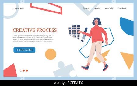 Kreativer Prozess. Webbanner-Design. Landing-Page. Kreatives Geschäft, Frau auf abstraktem Hintergrund. Brainstorming und Innovation bei der Arbeit. Website-Vorlage. Vektor-Cartoon flache Art isolierte Illustration Stock Vektor