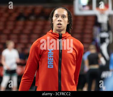 College Park, USA. August 2025. New York Liberty am 23. August 2025 in der Gateway Center Arena in College Park, GA, USA, gegen Brittney Griner #42 und den Atlanta Dream. (Foto: Lawrence Cooper/SIPA USA) Credit: SIPA USA/Alamy Live News Stockfoto