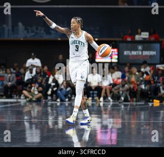 College Park, USA. August 2025. Natash Cloud #9 und The New York Liberty spielen am 23. August 2025 in der Gateway Center Arena in College Park, GA, USA, mit dem Atlanta Dream. (Foto: Lawrence Cooper/SIPA USA) Credit: SIPA USA/Alamy Live News Stockfoto