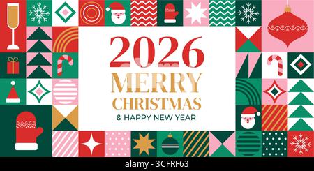 2026 fröhliche Weihnachten und Happy New Year Grußkarte Banner mit geometrischen festlichen Ornamenten Stock Vektor