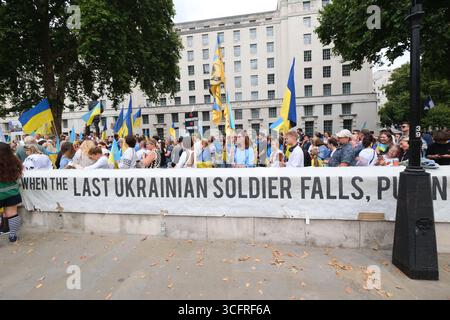 Whitehall, London, Großbritannien. August 2025. Unabhängigkeitstag der Ukraine: Die Ukrainer feiern ihren Unabhängigkeitstag in Whitehall, London. Präsident Zelensky sagte, die Ukraine werde weiterhin für ihre Freiheit kämpfen. Quelle: Matthew Chattle/Alamy Live News Stockfoto