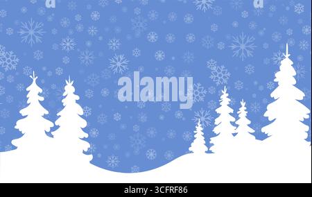 Eine ruhige Winterlandschaft mit schneebedeckten Hügeln und eleganten weißen Bäumen vor einem sanften blauen Hintergrund voller fallender Schneeflocken, perfekt Stock Vektor
