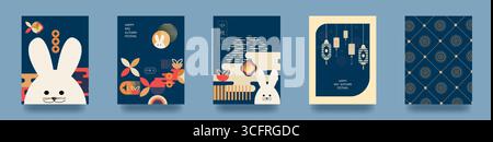 Poster, Grußkarte, Hintergrund im geometrischen Stil für das Mid-Herbstfest. Übersetzung ins chinesische Herbstfest. Vektorabbildung Stock Vektor