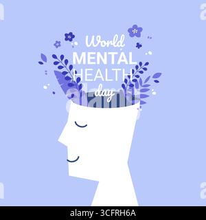 Psychische Gesundheitskonzepte. Die Blumen wachsen von einem Männerkopf. Männliches Gehirn und tropische Blätter im Kopf einer jungen Frau isoliert auf blauem Hintergrund. Wor Stock Vektor