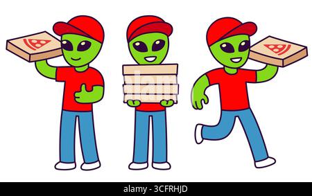 Lustige Alien-Pizza-Lieferperson-Illustration-Set. Niedliche Zeichentrickvektorzeichnung. Stock Vektor