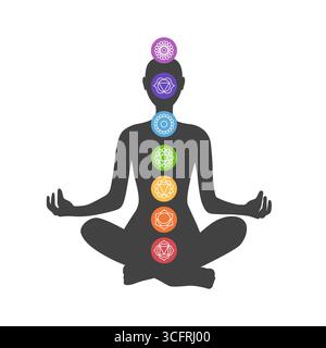 Frauensilhouette mit Chakra-Ikonen. Sieben Chakren über meditierende Yogi-Frau, Vektor-Illustration. Lotus-Position Stock Vektor