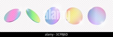 Holographische Kreisglasplatten. Getönte, transparente runde Linsen mit Farbverlauf und Spiegelreflektion in Hochglanz. 3D Realistic Rendering Y2K Morphism Disk Vector Set. Stock Vektor