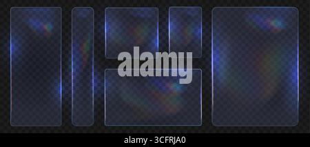 Glasplatte. Futuristische UI-Panels aus leuchtendem Glas mit weichen Neonreflexionen und Transparenz in verschiedenen Formen für App-Schnittstellen, Dashboards und HUD. Realistisches 3D-Vektorset. Stock Vektor