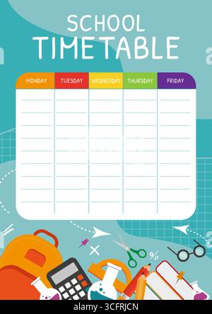 Schulplanvorlage mit Schulmaterial. Schulplaner. Blauer Hintergrund. Vektorabbildung Stock Vektor
