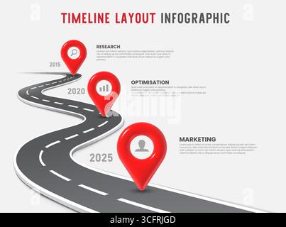 Infografik zur Straße. 3D-Zeitachse gewellte Wendestrecke, Infografiken zu Fahrten mit roten Positionsstiften zur Markierung von Meilensteinen. Erfolg Geschäftswachstum Startup-Strategie Vektorkonzept. Stock Vektor
