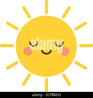 Diese fröhliche Illustration zeigt eine hellgelbe Sonne mit einem lächelnden Gesicht und rosafarbenen Wangen, die Wärme und Positivität ausstrahlt. Perfekt für Kinder Stock Vektor