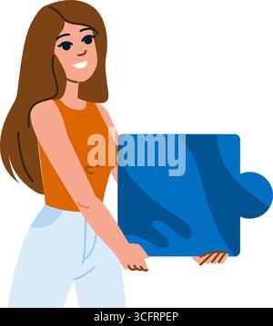 Junge Frau, die ein großes blaues Puzzlestück hält, lächelnd Stock Vektor