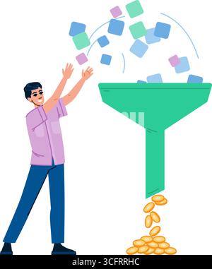 Verkaufstrichter generieren Umsatz, Geschäftsmann wandelt Leads in Geld um Stock Vektor