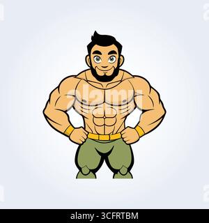 Eine Zeichentrickfigur eines Bodybuildermannes in Pose und grüner Hose Stock Vektor