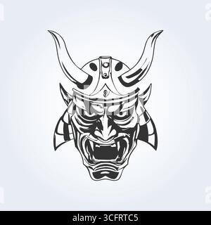 Eine flache Illustration einer Samurai-Maske, eines Ooni-Helms und Hörner Stock Vektor