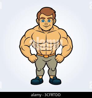 Eine Zeichentrickfigur eines Bodybuildermannes in Pose und grauer Hose Stock Vektor