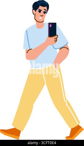 Junger Mann, der mit besorgtem Ausdruck läuft und Smartphone benutzt Stock Vektor