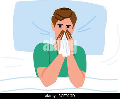 Kranke Person, die im Bett Nase bläst und an Erkältung oder Grippe leidet Stock Vektor