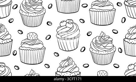 Cupcakes mit Sahne, Himbeere, Ganache und Schokoladenchips. Zeichnung im Doodle-Stil. Nahtloses Vektormuster. Weihnachtsdesserts, Gebäck. Design für wra Stock Vektor