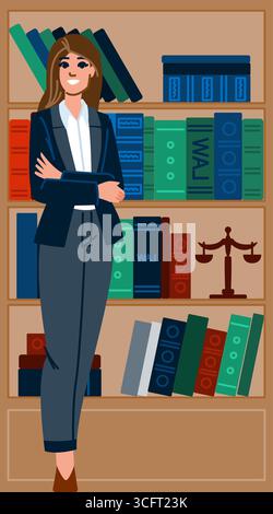 Selbstbewusster Anwalt posiert mit gekreuzten Armen in der Anwaltsbibliothek Stock Vektor