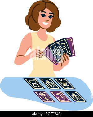 Wahrsagerin liest Tarotkarten, sagt Zukunft und Schicksal voraus Stock Vektor