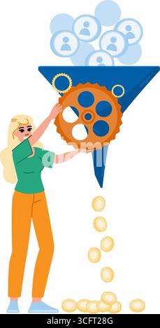 Marketingspezialist generiert Leads und wandelt sie mithilfe des Verkaufstrichters in Geld um Stock Vektor