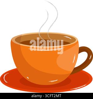 Orangenkaffee auf einer roten Untertasse. Vektorillustration mit Herbstmotiv. Heißgetränk, morgendliches Ritual, Frühstück. Weißer Hintergrund, handgezeichnet Stock Vektor