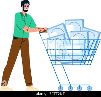 Der Kunde schiebt den Einkaufswagen voller Waren, lächelt und läuft durch den Supermarkt Stock Vektor