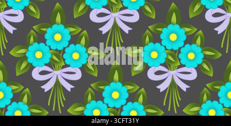 Strauß aus drei blauen Blumen und rosa Schleife. Frühlingsblaue Blüten und grüne Blätter. Heller Sommerstrauß mit diagonalem, nahtlosem Muster. Blumenschmuck Stock Vektor