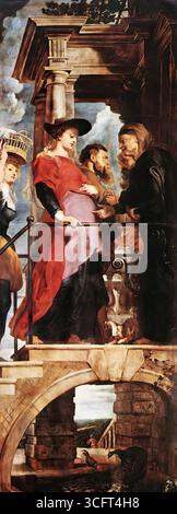 RUBENS, Pieter Pauwel (* 1577, Siegen, d. 1640, Antwerpen) Abstieg vom Kreuz (linker Flügel) 1612-14 Öl auf Platte, 421 x 153 cm OL Vrouwekathedraal, Antwerpen der linke Flügel des großen Triptychons der Abstieg vom Kreuz zeigt die Jungfrau Maria, die mit Jesus schwanger ist und ihre Cousine Elisabeth besucht, die in Kürze Johannes den Täufer gebären wird. Die Frauen, begleitet von ihren jeweiligen Ehemännern Joseph und Zacharias, begrüßen sich gegenseitig in einer imposanten Veranda. Ein Diener trägt einen Korb mit Reiseartikeln. --- Schlüsselwörter: ----------------- Autor: RUBENS, Pieter Pauwe Stockfoto
