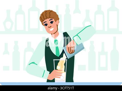 Der Barkeeper gießt Cocktails in Glas an der Bar mit Flaschen im Hintergrund Stock Vektor