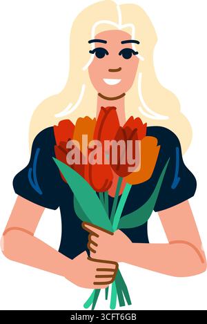 Lächelnde Frau mit Tulpenstrauß, Frühlingsstimmung Stock Vektor