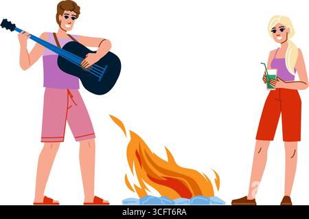 Freunde spielen Gitarre und trinken Cocktails auf der Lagerfeuerparty Stock Vektor