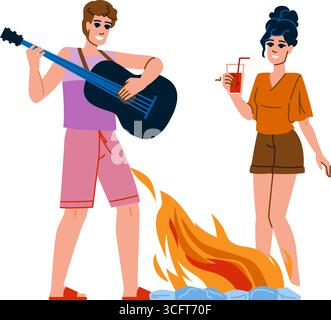 Freunde spielen Gitarre und trinken Cocktails auf der Lagerfeuerparty Stock Vektor