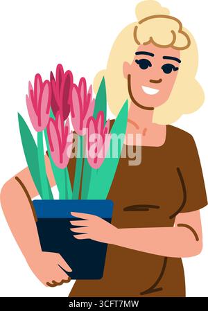 Florist hält Topf mit rosa Tulpen, die im Blumenladen lächeln Stock Vektor