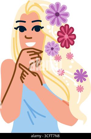 Blonde Frau mit Blumen in den Haaren lächelnd und berührend Hände Stock Vektor