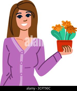 Frau mit Topfpflanze lächelnd Gartenblumendekoration Stock Vektor