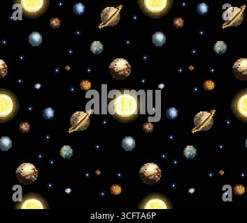 Der nahtlose Pixelhintergrund mit Planeten des Sonnensystems. Stock Vektor