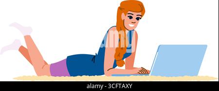 Junge Frau, die mit einem Laptop auf dem Boden liegt und von zu Hause aus arbeitet Stock Vektor