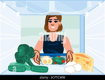 Frau, die gesunde Lebensmittel aus dem Kühlschrank voller frischer Produkte wählt Stock Vektor